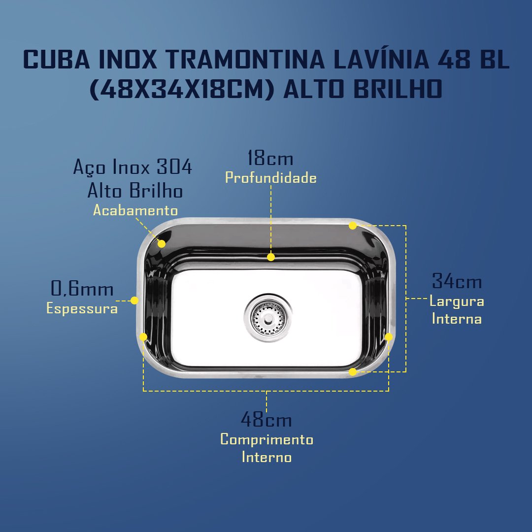 Cuba Inox Tramontina 48x34x18cm Alto Bril...