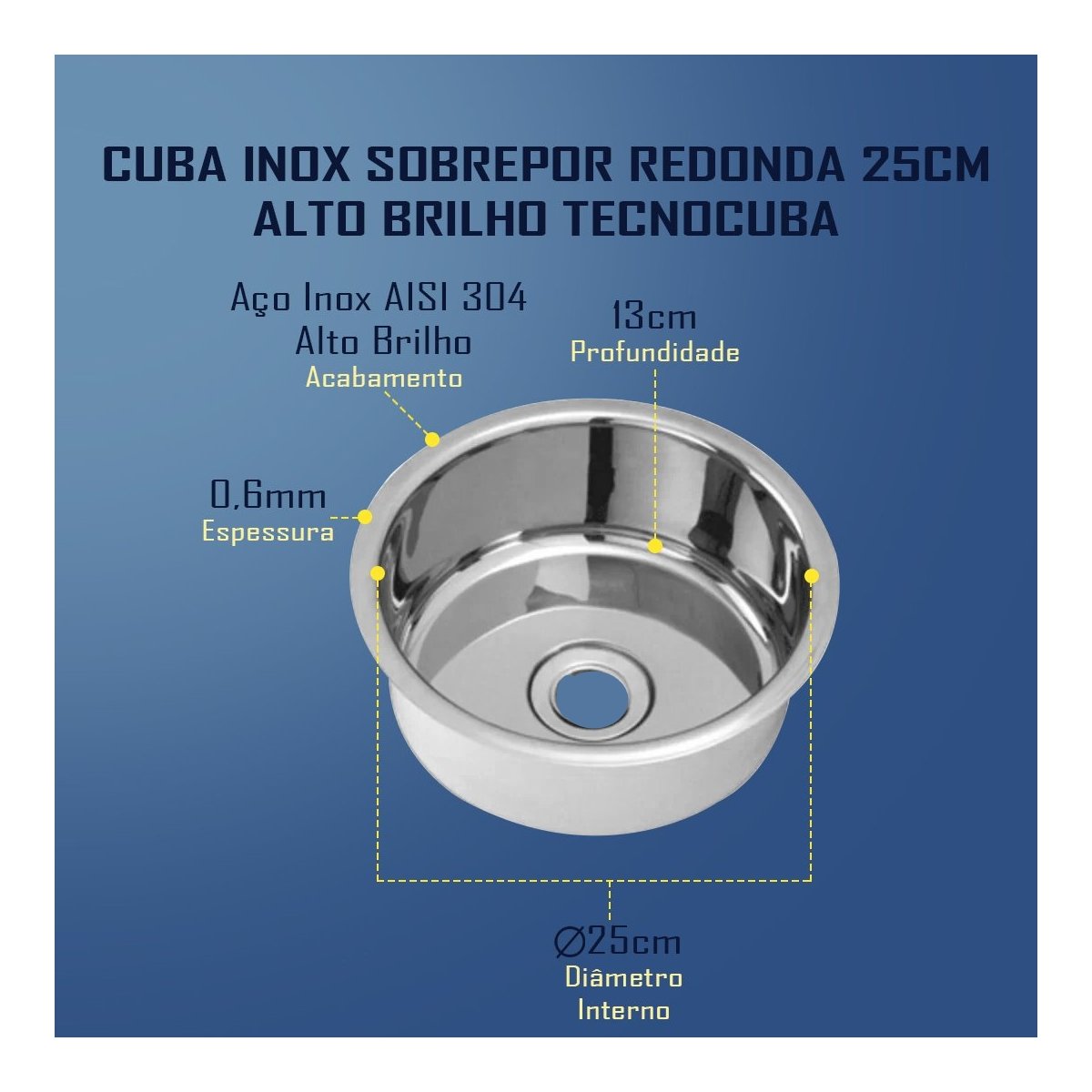 Cuba Inox Sobrepor e Embutir Redonda 25cm...